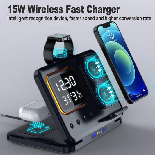 5 In1 LED Digital Alarm Clock & Fast Charging Dock Station