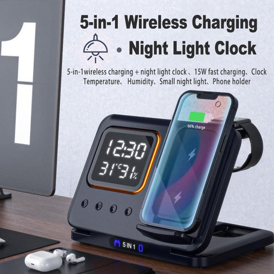 5 In1 LED Digital Alarm Clock & Fast Charging Dock Station